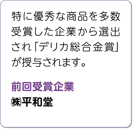 特に優秀な商品を多数受賞した企業から選出され「デリカ総合金賞」が授与されます。前回受賞企業 ㈱平和堂。