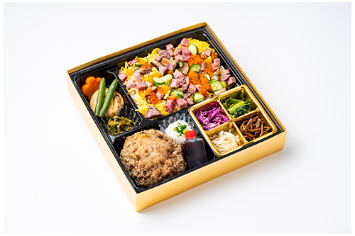 肉ちらし寿司と選べるソースの将泰庵ハンバーグステーキ弁当